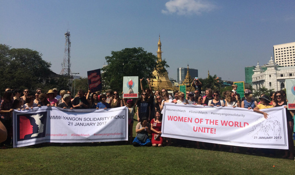 About 70 people gathered in downtown Yangon, Myanmar to show support for the Women's March on Washington and sister marches around the world. (Photo by Nan Tin Htwe/GroundTruth)